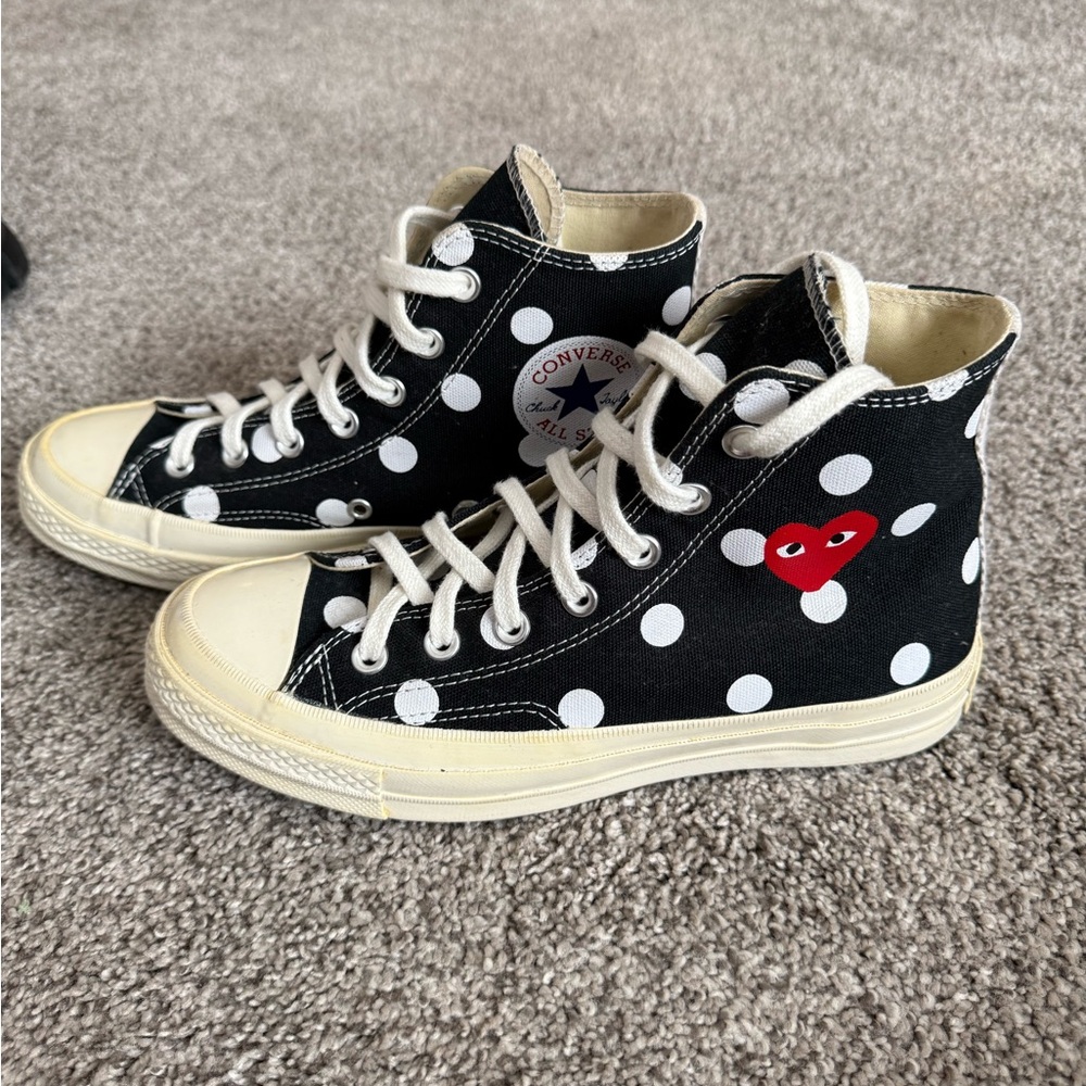 Comme des Garcons Black and White Polka Dot High-Top Sneakers with Red Heart